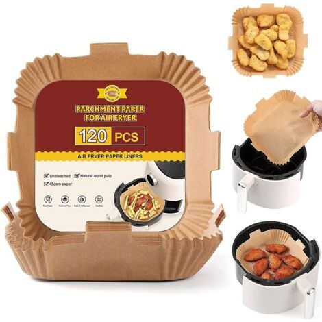 Papier sulfurisé antiadhésif non blanchi, 120 feuilles carrées de 20 cm (7,9 po) pour friteuse à air, cuisson au four et grillades. Convient aux friteuses de 5 à 8 pintes. (1/5)