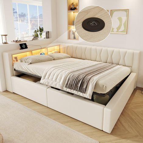Lit banquette coffre 140x200 cm, LED multicolore, Rangement hydraulique, niches ouvertes, port USB, tête réversible, Lin Beige (1/5)