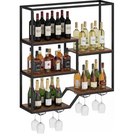 Wandmontiertes Weinregal mit Glashalter, rustikales Braun