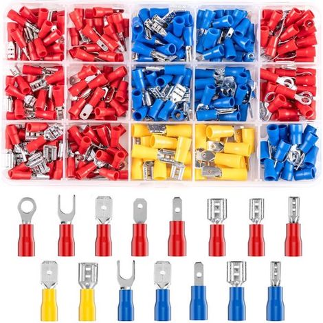 Connecteurs à sertir - Jeu de 280 connecteurs à sertir, 15 types différents, 0,5-6,0 mm, accessoires pour outils électriques automobiles, incluant des connexions à anneau et à fourche - Rouge, bleu, j