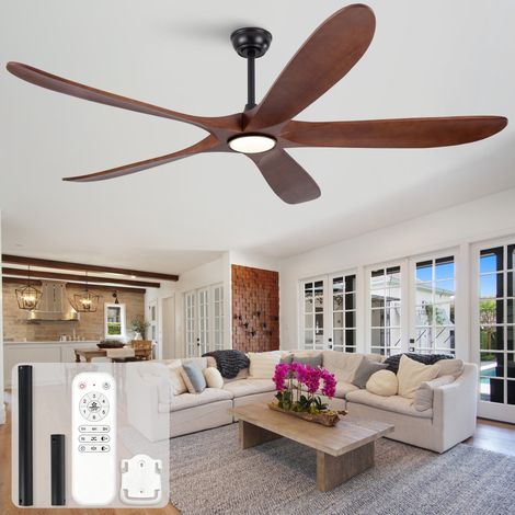 Ventilateur de plafond de 152 cm (60 pouces) avec éclairage, ultra-plat, cinq pales en bois massif couleur noyer foncé, 3CCT, intensité variable, six vitesses, circulation d'air silencieuse pour chamb (1/5)