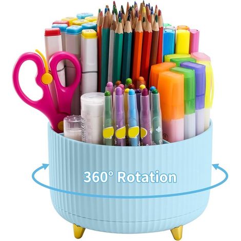 Portalápices giratorio de 360°，caja de almacenamiento de escritorio de 5 compartimentos，caja de almacenamiento de cosméticos，color azul (1/5)