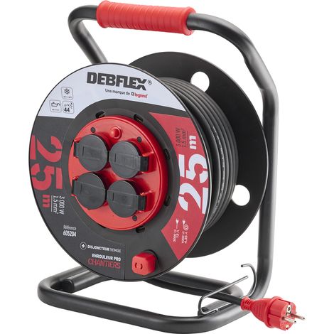 DEBFLEX - ENROULEUR HO5RR-F PLASTIC 3G1,5 CENTRE  FIXE 4 PRISES ETANCHES IP44 25M - 605204