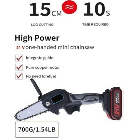 NALOOKAMIC Mini tronçonneuse sans fil 4 pouces 21 V puissante 6 m/s 1 batterie 2 chaînes 2 guides