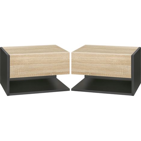 Ensemble de 2 tables de chevet suspendues, avec 1 tiroir et une étagère ouverte, 46 x 30 x 30 cm, chêne et noir