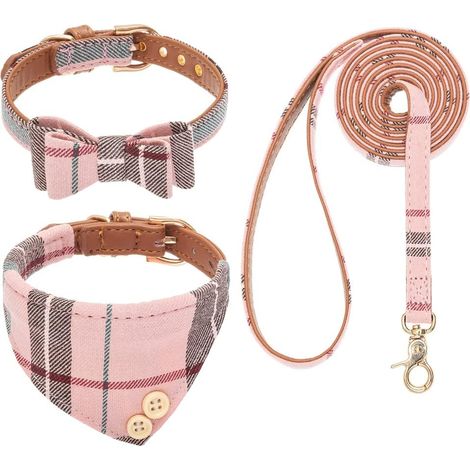 Ensemble collier et laisse pour chien – Nœud papillon classique à carreaux mignon et collier bandana, laisse pour chien qui ne s'emmêle pas, collier et laisse réglables pour chiens de (1/5)