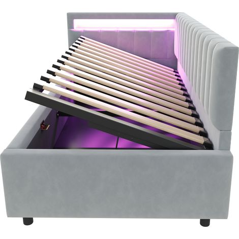 Letto banquette capitonné 90x200 cm in velluto grigio chiaro, LED, contenitore idraulico (1/5)