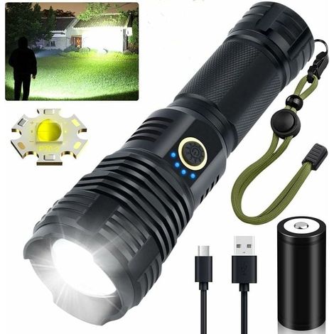 Lampe de poche LED rechargeable haute luminosité 90 000 lumens tactique étanche super lumineuse Xhp70.2 5 modes extensibles (1/4)