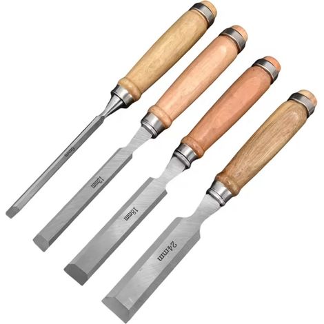 Ensemble d'outils de travail du bois en acier 45, quatre pièces, diamètre 6-24 mm, manche en bois massif, ciseau à bois à tête plate, couteau à sculpter, ciseau à bois. (1/4)