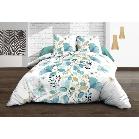 Housse de Couette 220x240 + 2 taies - Pur Coton 57 Fils - Bloom, Bleu (1/3)