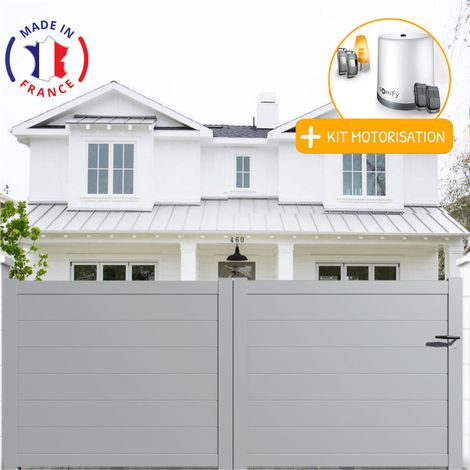 Portail aluminium coulissant plein en kit + Motorisation dimensions L.3000 (entre piliers) X H.1500 mm Couleurs Gris clair (RAL 7035)