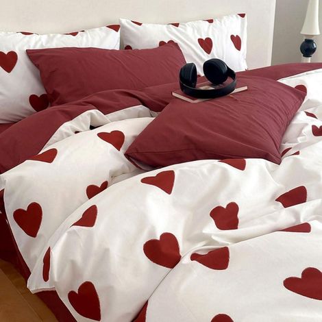 Bettwäsche-Set 155x220cm mit Herzen, 2-teilig, Mikrofaser, Weiß/Rot