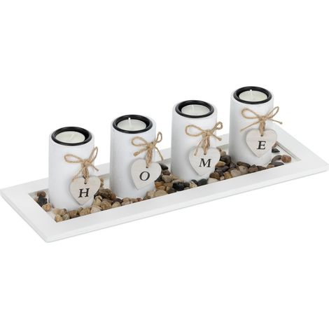 Porte-Bougies avec Plateau et Pierres décoratives, 39,5 cm, déco Table Salon, Salle à Manger, bougeoir, Blanc (1/5)
