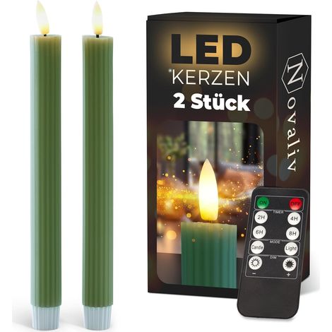 Bougies bâton LED avec minuterie verte pack de 2 intérieur avec minuterie de 6 heures - VRAIE CIRE nervurée hauteur 23 cm pour bougies diamètre 2,2 cm