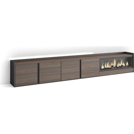 Skraut Home - Mobile TV Soggiorno, Ampio spazio a disposizione, 315x35x50cm, Per TV fino a 80", Camino elettrico XXL, LED, Stile moderno, Rovere scuro e Nero (1/5)