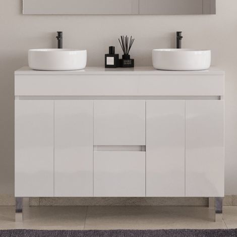 Meuble de salle de bain 120cm sur pieds avec plateau et deux cuves à poser rondes - sans miroir - portes et tiroirs - blanc - HARO (1/5)