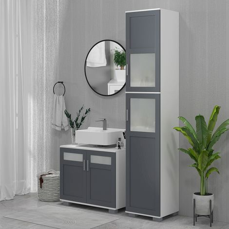 Armoire de salle de bain haute, colonne de salle de bain avec 2 portes en verre trempé et étagères réglables, 37 x 35 x 190 cm, blanc et gris