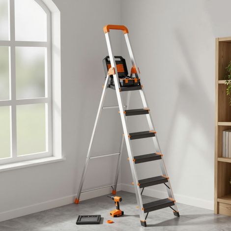 Escabeau 6 Marches, Antidérapante, pour Bricolage, Plateforme Outil, Charge 150 kg, Noir et Orange (1/4)