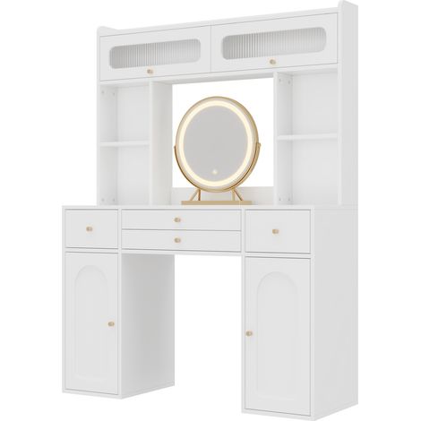 Coiffeuse LED blanche, 120x40x160 cm, miroir, 4 tiroirs, 4 étagères, 2 portes vitrées, rangement pour chambre (1/5)