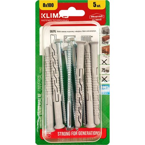 Chevilles De Cadre Klimas 8 x 100 Avec Tete Hexagonale SW-10, Blister De 5