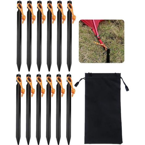 Sollbry 12-teiliges Zeltnägel-Set, 18 cm lange Metallheringe, Bodenanker für Zelte, Aluminium-Zeltnägel für harten Boden, schwarze Zeltnägel, Sandheringe für Camping (1/5)