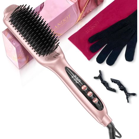 Brosse Lissante, 12 temp. 120-230°C, 30s chauffe, anti-brûlure  Dompte frisottis, céramique ionique pour brillance. 100-240V, auto-off 60'. Étui/gant/brosse/pinces. Tous types, idéal crépus (1/5)