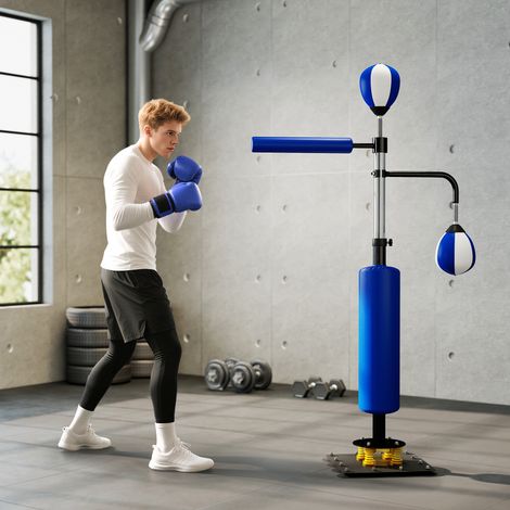 Support de boxe, deux speedballs, barre de frappe rotative, coussins de frappe, hauteur réglable, acier, 107 x 36 x 140-205 cm, bleu