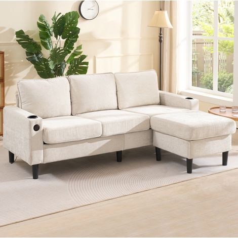 Divano angolare 202/137/80 cm beige con USB, porta bicchieri e pouf combinabile, comodo e moderno (1/5)