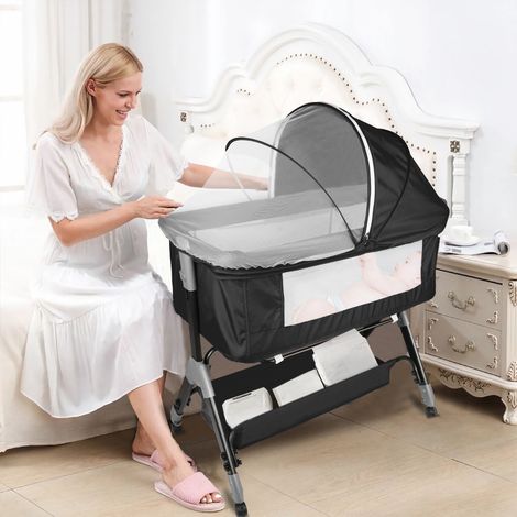 Lit Bébé jusqu'à 9 kg, Cododo Bébé, Réglage de la Hauteur 4 Hauteurs, Inclinaison, 4 Roulettes avec Freins, Ergonomique, Noir