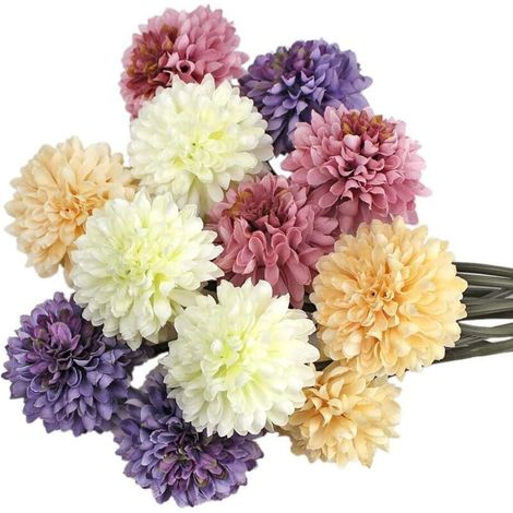 Lot de 12 fleurs artificielles, chrysanthèmes artificiels 4 couleurs + ficelle de jute + carte de vœux, bouquet d'hortensia en soie pour mariage, maison, jardin, fête, bureau