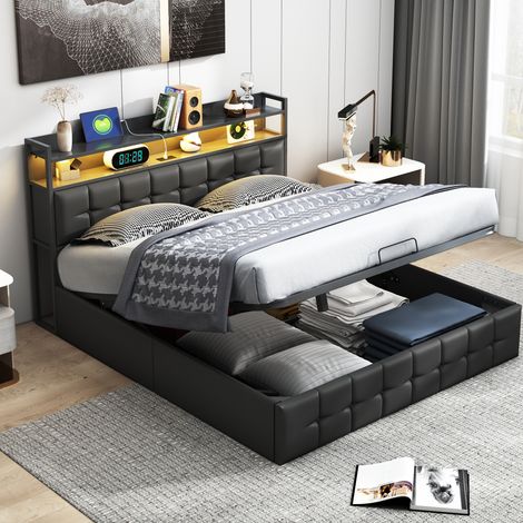 Lit coffre 160x200 avec sommier, lit double 160x200, lit adulte capitonné avec LED, chargement USB, Tête de lit de rangement, Lit hydraulique rembourré en Cuir, sans Matelas,Noir (1/5)