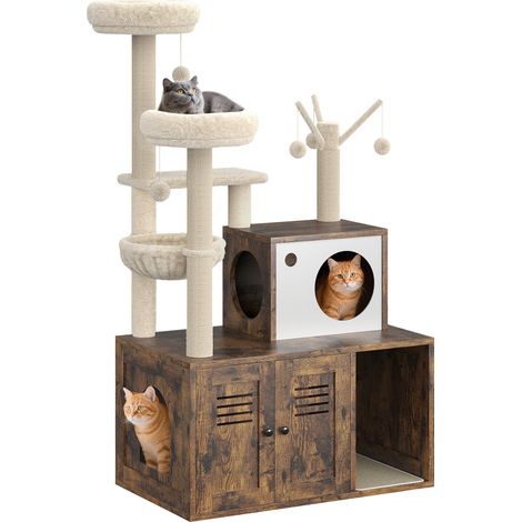Armoire à litière pour chat avec arbre intégré – Condo multi-niveaux en bois, poteaux à griffer, perchoirs, hamac suspendu, jouet – Mobilier pour chats d'intérieur – Finition Marron Rétro (1/5)