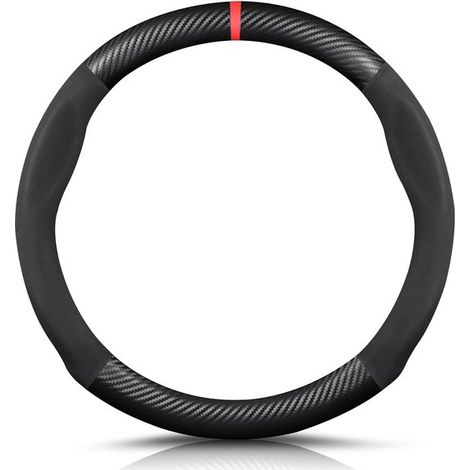 Funda redonda para volante de fibra de carbono y microfibra，transpirable y absorbente del sudor，apta para volantes de 38 cm，color negro-rojo (1/5)