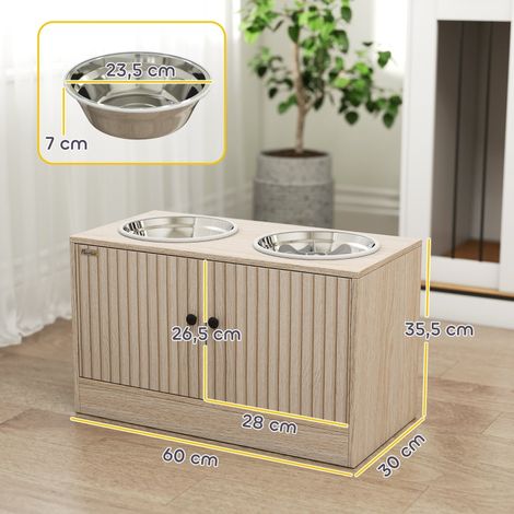 Station repas chien en bois, 2 gamelles inox acier inoxydable, meuble rangement avec placard, accessoires pour grands chiens, bols surélevés (1/5)