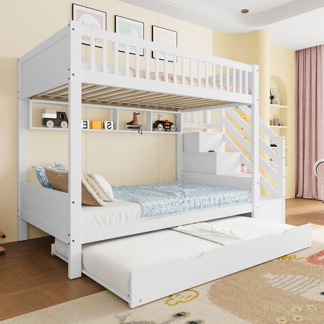 Lit superposé 90x200 cm avec lit gigogne et escalier rangement, compact, pin, blanc(Sans matelas) (1/5)