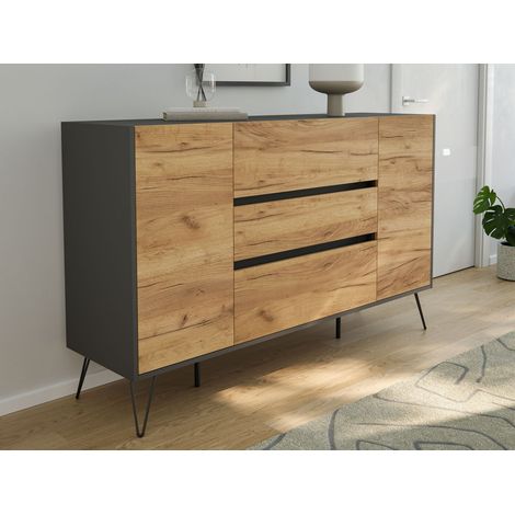 Sideboard Kommode Lovo 155cm Greifraum 3 SoftClose 2 Türen Grafit/Eiche Front (1/5)