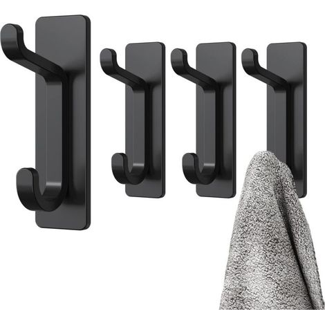 Adhesive Wall Hook, Bathroom Towel Holder, Kitchen Towel Holder, Adhesive Coat Hook, Wall Mounted No Drilling, Waterproof, Rustproof, Black, 4 Pieces (1/5)