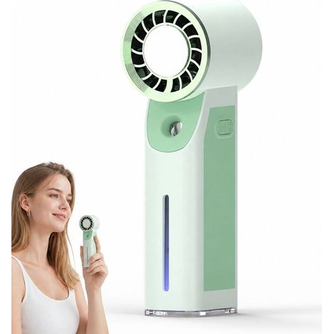 Mini ventilateur portable 3-en-1 avec fonction glace et brumisation, 5 vitesses, rechargeable, ventilateur rafraîchissant pour visage et bureau, vert (1/5)
