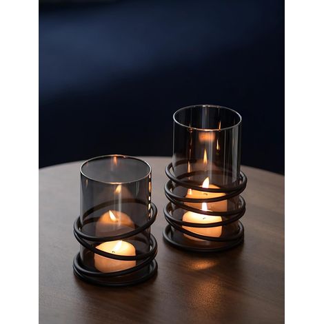 Chandelier Noir avec Verre Fumé : Chandelier Moderne pour Bougies Plateaux avec Verre pour Décoration de Table - Set de 2 Porte-Bougies en Métal avec Cylindre pour Décoration Extérieur Salon (1/5)