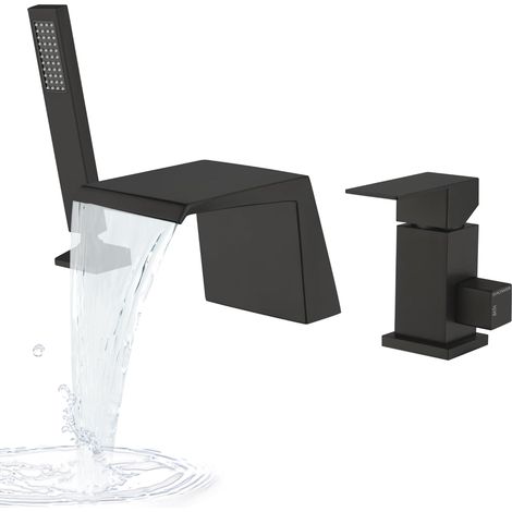 Robinet Baignoire 3 Trous, Mitigeur Baignoire Noir avec Douchette avec Ensemble Robinets Baignoire à Cascade Généralisée (1/5)