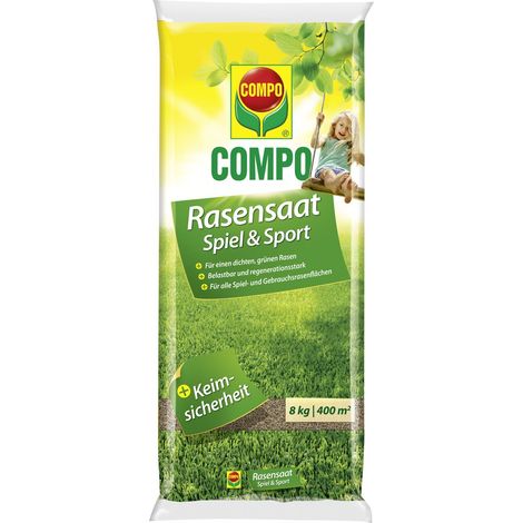 Compo – Semences de gazon Jeux et sport – Mélange résistant à germination rapide, pour 400 m², 8 kg