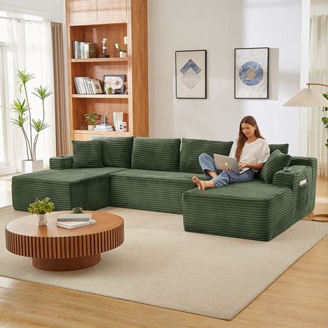 Canapé panoramique en U XL 6 places, grand canapé modulable en velours côtelé avec assise large rembourré Vert, 339 x 158 x 82 cm (1/5)