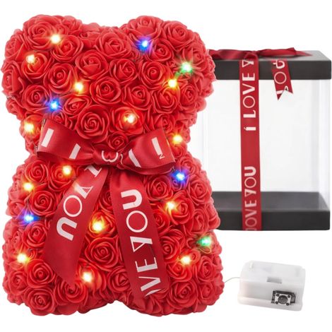 Orsetto di Rose Rosse Artificiali con LED con scatola Regalo Trasparente - mis. 16x17x20 cm - Idea Romantica per San Valentino, Anniversari e Complean (1/5)