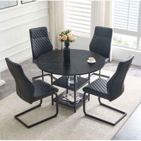 Ensemble repas rond en MDF et métal noir, 4 places, style industriel avec double tablette (1/5)