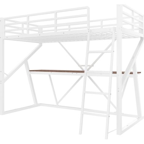 Letto a soppalco 90 x 200 cm in metallo bianco con scrivania, LED, parapetto e scala (1/5)