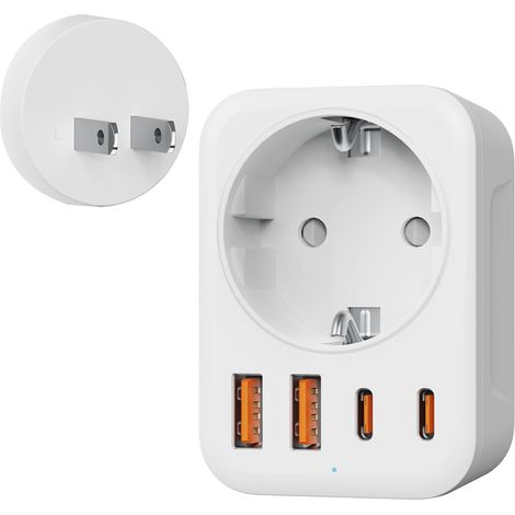 Adaptateur 5 en 1 avec prise japonaise, 1 port secteur, 2 ports USB-C et 2 ports USB-A (3,4 A), compatible avec le Japon, la Thaïlande, la Chine, les États-Unis et le Canada – adaptateur de voyage typ (1/5)