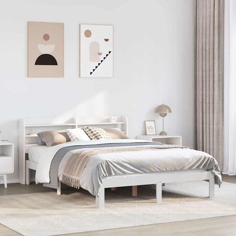 Cadre de lit 150 x 200 cm avec tête de lit et étagères, bois de pin massif blanc, sans matelas - PANGIVO (1/5)