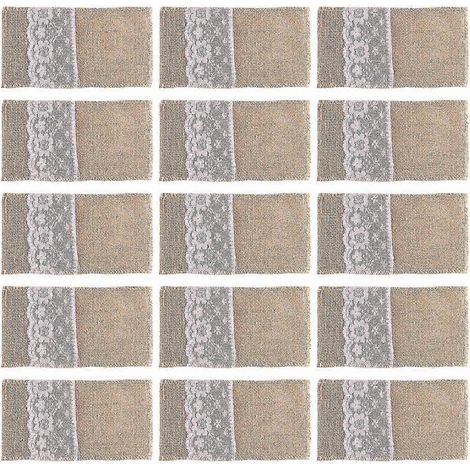 Lot de 100 pochettes à couverts en dentelle de jute, pochettes de rangement pour couteaux et fourchettes, accessoires de décoration de table en jute, pour mariage champêtre (FDQ) (1/5)