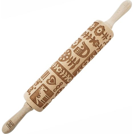 Mattarello in legno MoodForWood, inciso, 43 cm con manici, perfetto per la cottura al forno - Motivo scandinavo (1/5)