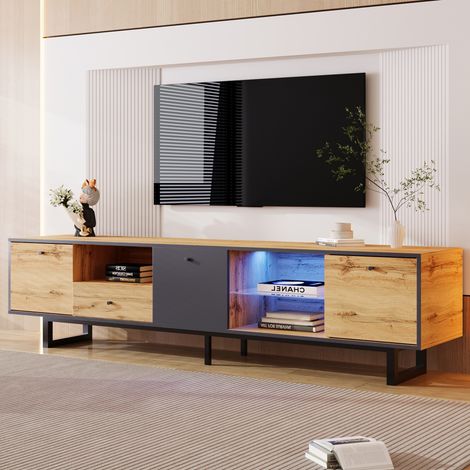 Mobile TV 190 cm, con illuminazione LED, cassetti per il deposito, 2 porte, maniglie in legno, mensole in vetro, stile moderno, mobile da soggiorno - Marrone